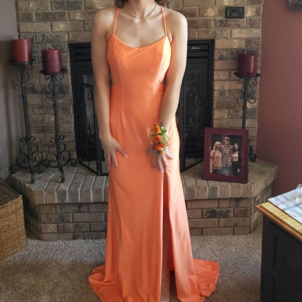Orange Spaghetti Strap Prom Gown